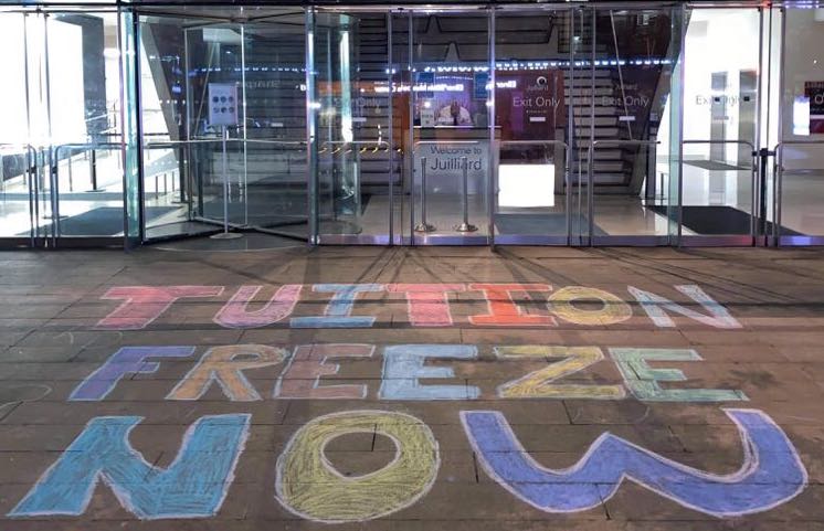 Juilliard students decorate the entrance to campus with demands for a tuition freeze.