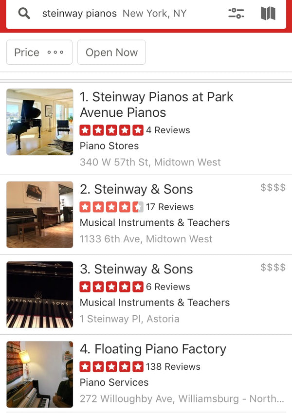 Park Avenue Pianos Ranked #1 on Yelp for NYC under Steinway Pianos Category