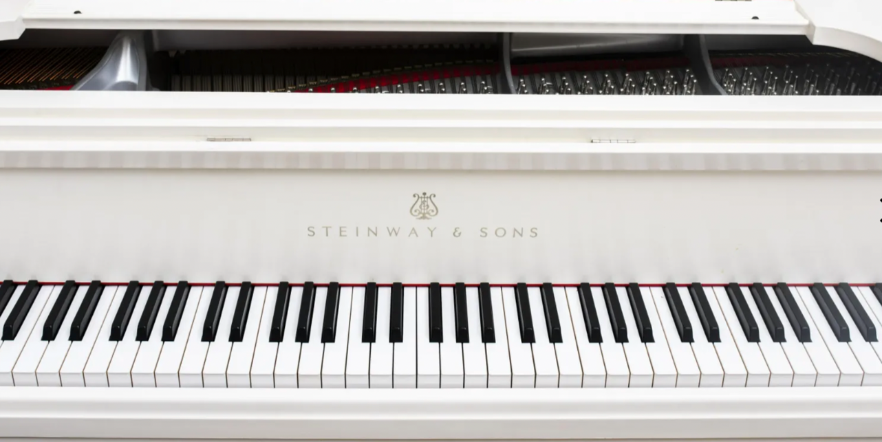 White Lacquer Steinway B With Custom Sterling Silver Frame and Hardware | Sold New in 2006